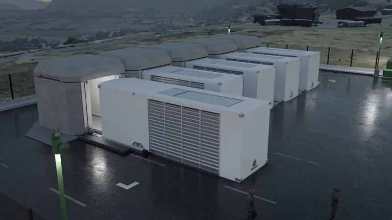 Rendering of container-sized Radiant nuclear microreactor units arranged at an outdoor site.