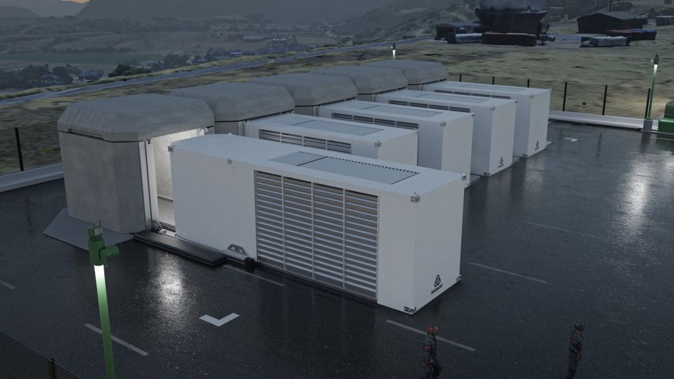 Rendering of container-sized Radiant nuclear microreactor units arranged at an outdoor site.