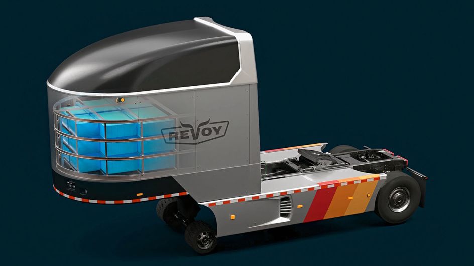 Rendering of Revoy’s electric dolly, showing its battery enclosure and wheeled chassis.
